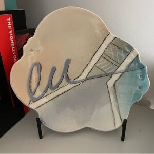 Abstract 80s style Ceramic Plate / Vanity Tray with Blue and Cream Accents
